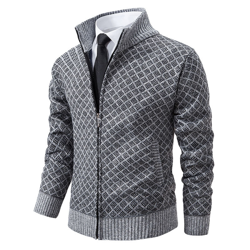 Mens Cardigan With Zipper And High Collar Patterned Knit Ribbed Edges And Front Pockets