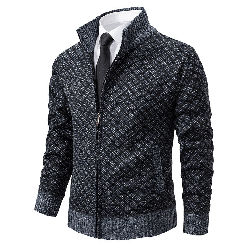 Mens Cardigan With Zipper And High Collar Patterned Knit Ribbed Edges And Front Pockets