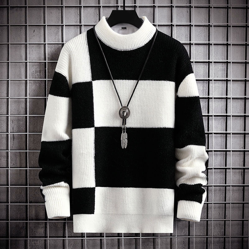 TrendAura Men's Check Pattern Knit Sweater With Mock Neck Neutral Tones For Casual And Smart Layering