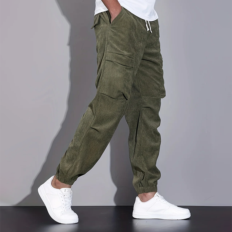 Men's Corduroy Cargo Jogger Pants With Drawstring Waist And Multiple Pockets For Casual Streetwear