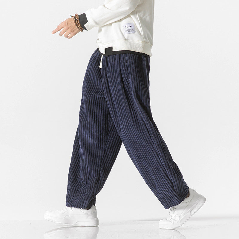 Men's Corduroy Wide Leg Pants With Elastic Waistband And Relaxed Fit Full Length Cotton