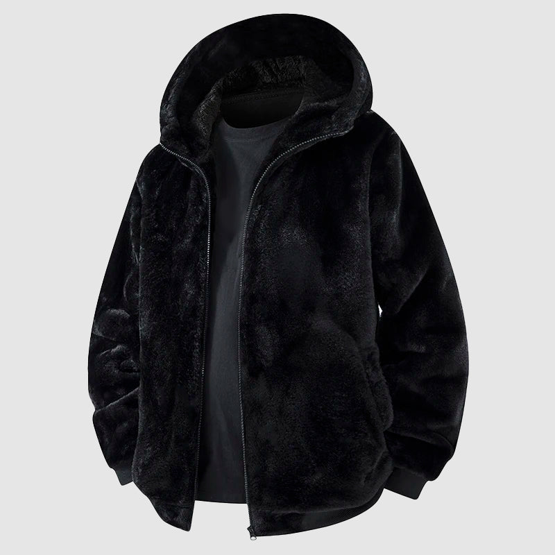 Men's Faux Fur Hooded Jacket With Zipper Front For Warm Casual Streetwear Layering