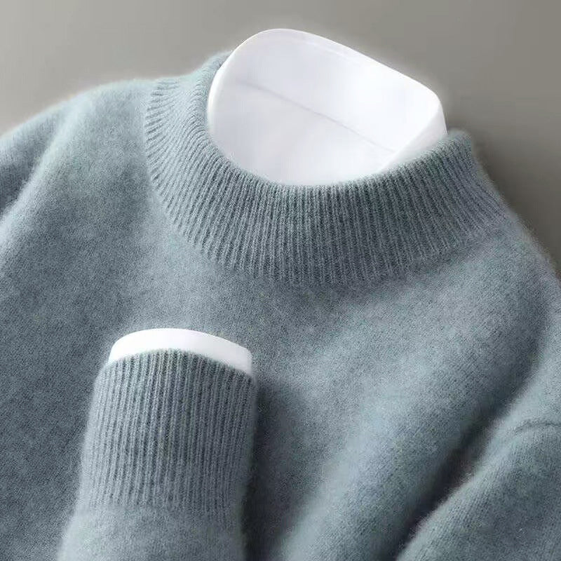 Men's Fine Wool Crew Collar Sweater with Ribbed Neck Cuffs and Hem for Refined Style
