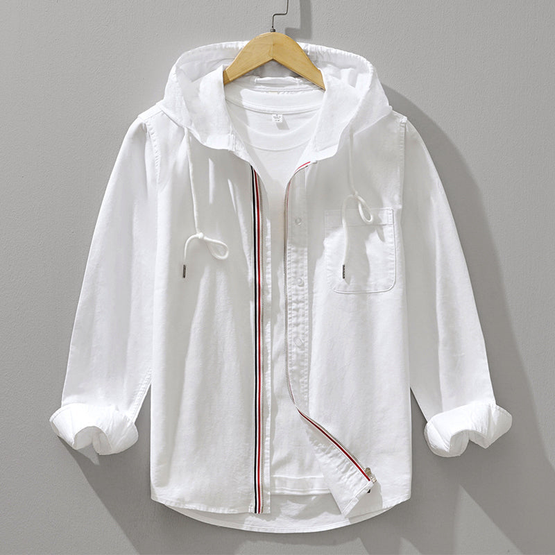 Men's Hooded Cotton Shirt With Zip Front Drawstring Hood Chest Pocket Casual Layering TrendAura