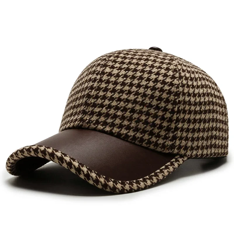 Men's Houndstooth Cap With Faux Leather Visor Two Texture Design Adjustable Back Strap Structured Crown For Everyday Wear
