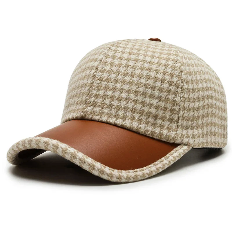 Men's Houndstooth Cap With Faux Leather Visor Two Texture Design Adjustable Back Strap Structured Crown For Everyday Wear