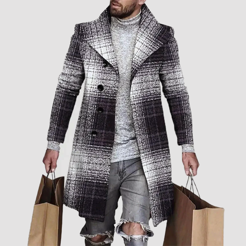 Men's Long Plaid Overcoat With Notched Lapel And Button Closure Winter Outerwear By TrendAura