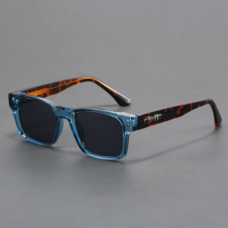 Mens Rectangular Street Style Sunglasses Black Blue Frame Gray UV400 Lenses Modern Eyewear
