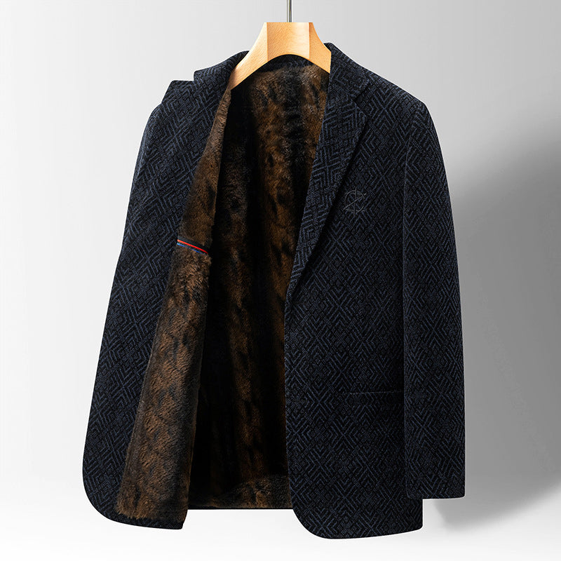 TrendAura Men's Textured Pattern Coat With Faux Fur Lining Notch Lapel Tailored Winter Outerwear