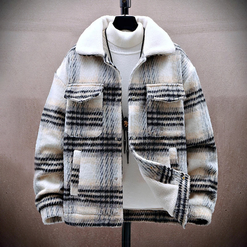 Men's Winter Plaid Jacket With Fleece Lining And Warm Plush Collar For Outdoor Wear