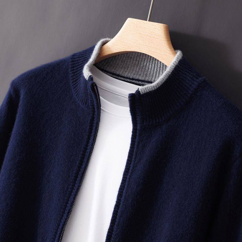 TrendAura Mens Zip Up Cardigan With Stand Collar And Contrast Trim For Casual To Semi Formal Wear