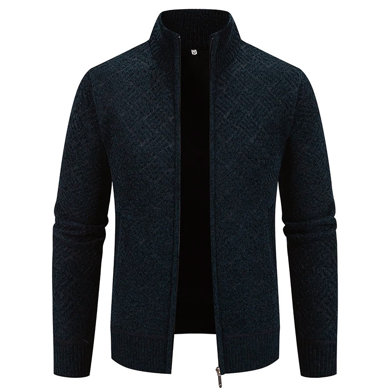 Mens Zip Up Knit Cardigan With Geometric Pattern High Collar For Modern Layering