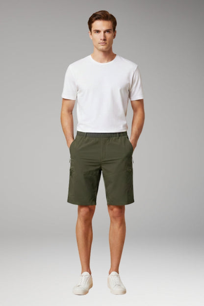 Men's Cargo Shorts with Elastic Waistband and Zippered Pockets