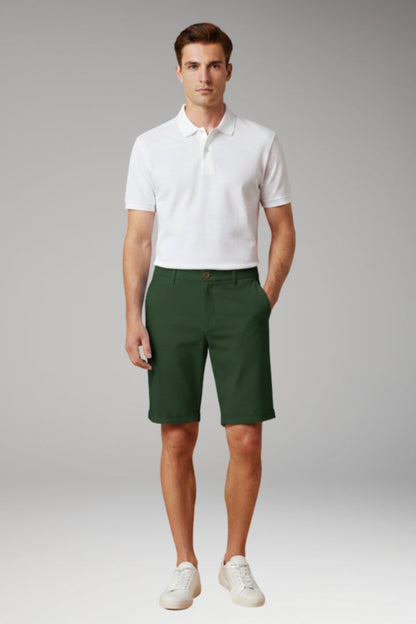 Men's Slim Fit Shorts with Button and Zip Fastening and Turn-Up Hems