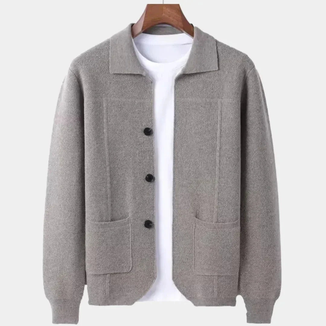 Mens Button Up Wool Overshirt Cardigan For Layering With Clean Structured Knit Finish And Button Front