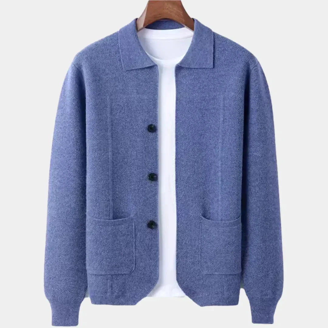 Mens Button Up Wool Overshirt Cardigan For Layering With Clean Structured Knit Finish And Button Front