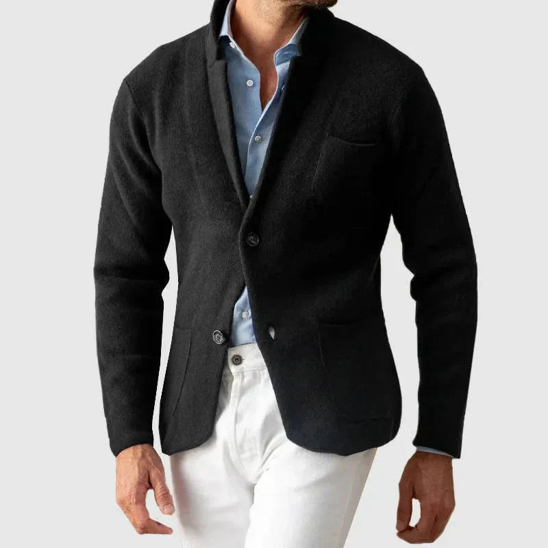Men's Casual Knit Blazer With Two Button Front Closure Navy Cardigan Style Smart Casual Jacket