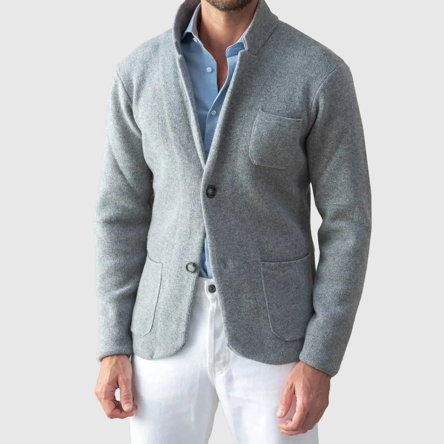Men's Casual Knit Blazer With Two Button Front Closure Navy Cardigan Style Smart Casual Jacket