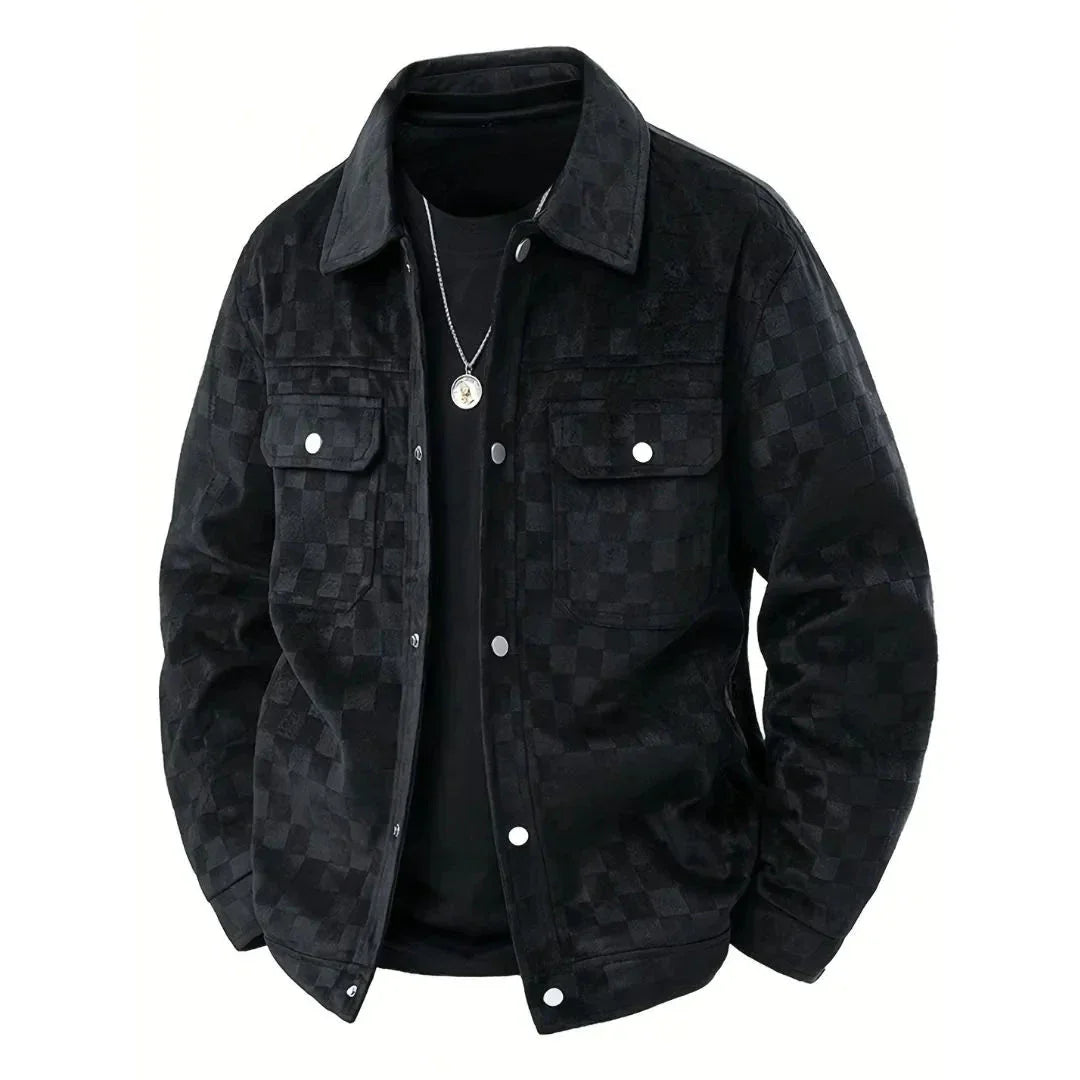 Men's Checkerboard Velour Suede Jacket With Satin Lining Dual Chest Flap Pockets Modern Silhouette