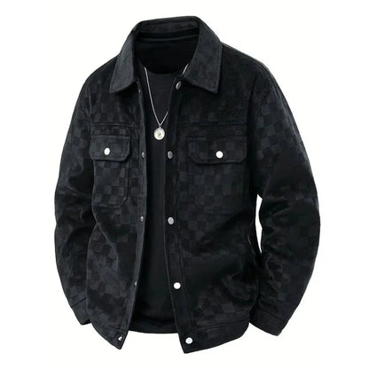 Men's Checkerboard Velour Suede Jacket With Satin Lining Dual Chest Flap Pockets Modern Silhouette