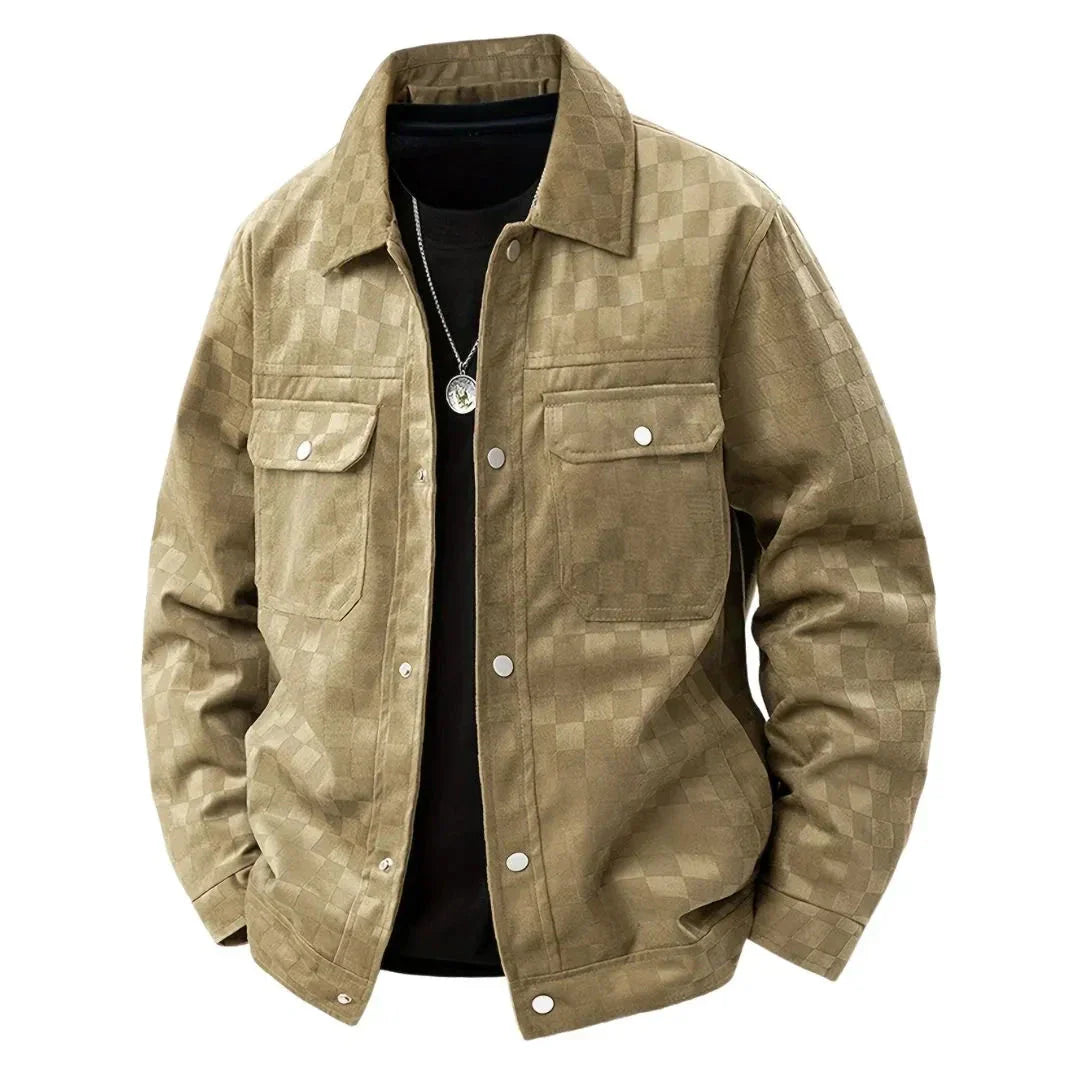 Men's Checkerboard Velour Suede Jacket With Satin Lining Dual Chest Flap Pockets Modern Silhouette