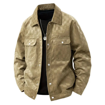 Men's Checkerboard Velour Suede Jacket With Satin Lining Dual Chest Flap Pockets Modern Silhouette