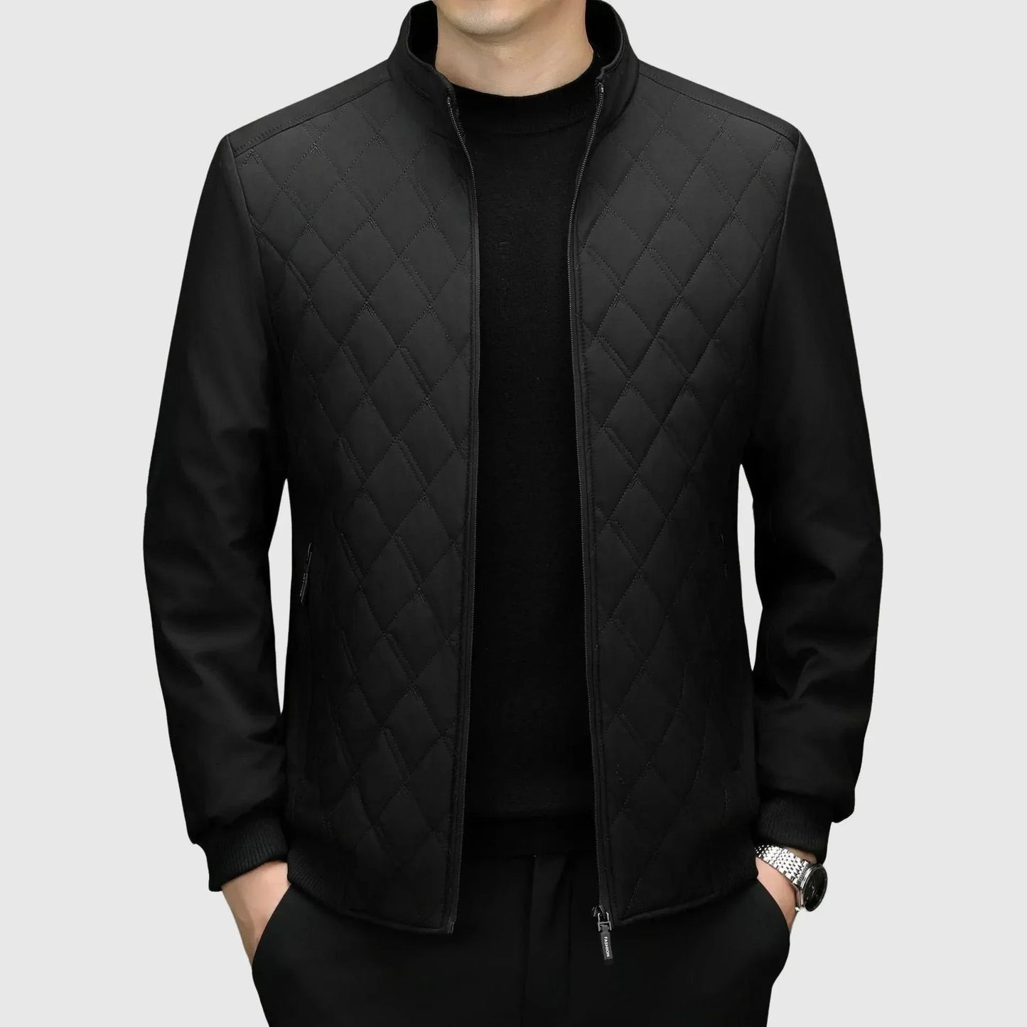 Men's Diamond Quilted Bomber Jacket With Ribbed Cuffs And Full Zip Closure For Modern Casual And Semi Formal Wear