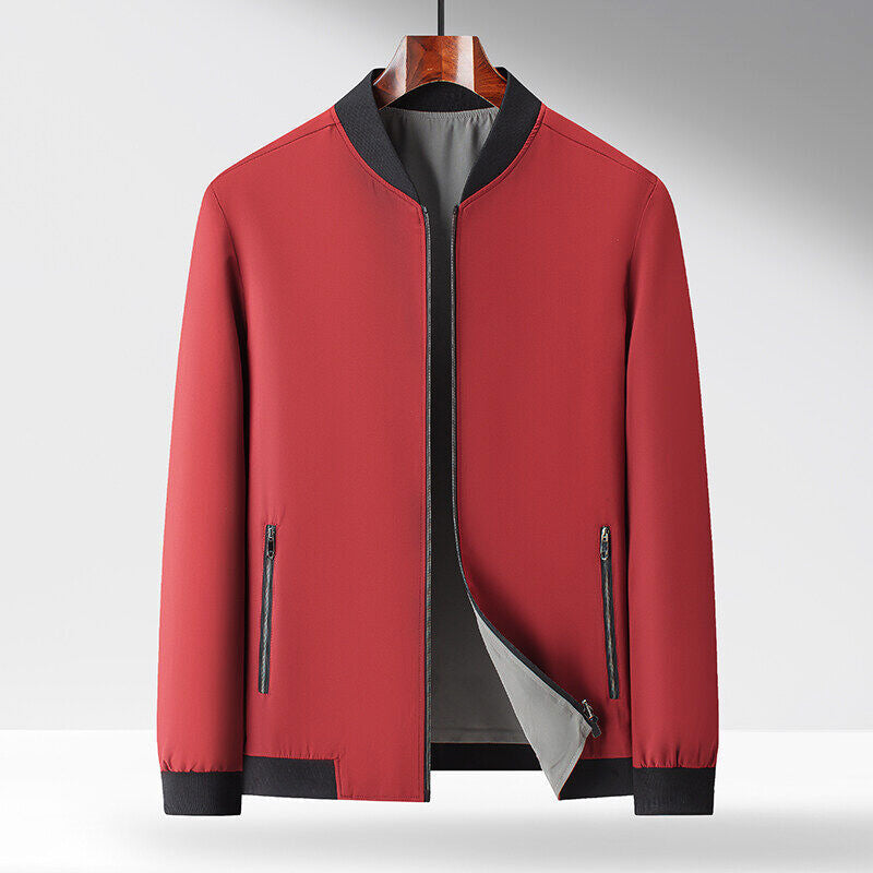 Mens DualTone Reversible Bomber Jacket With Zipper Pockets And Contrast Ribbed Trim