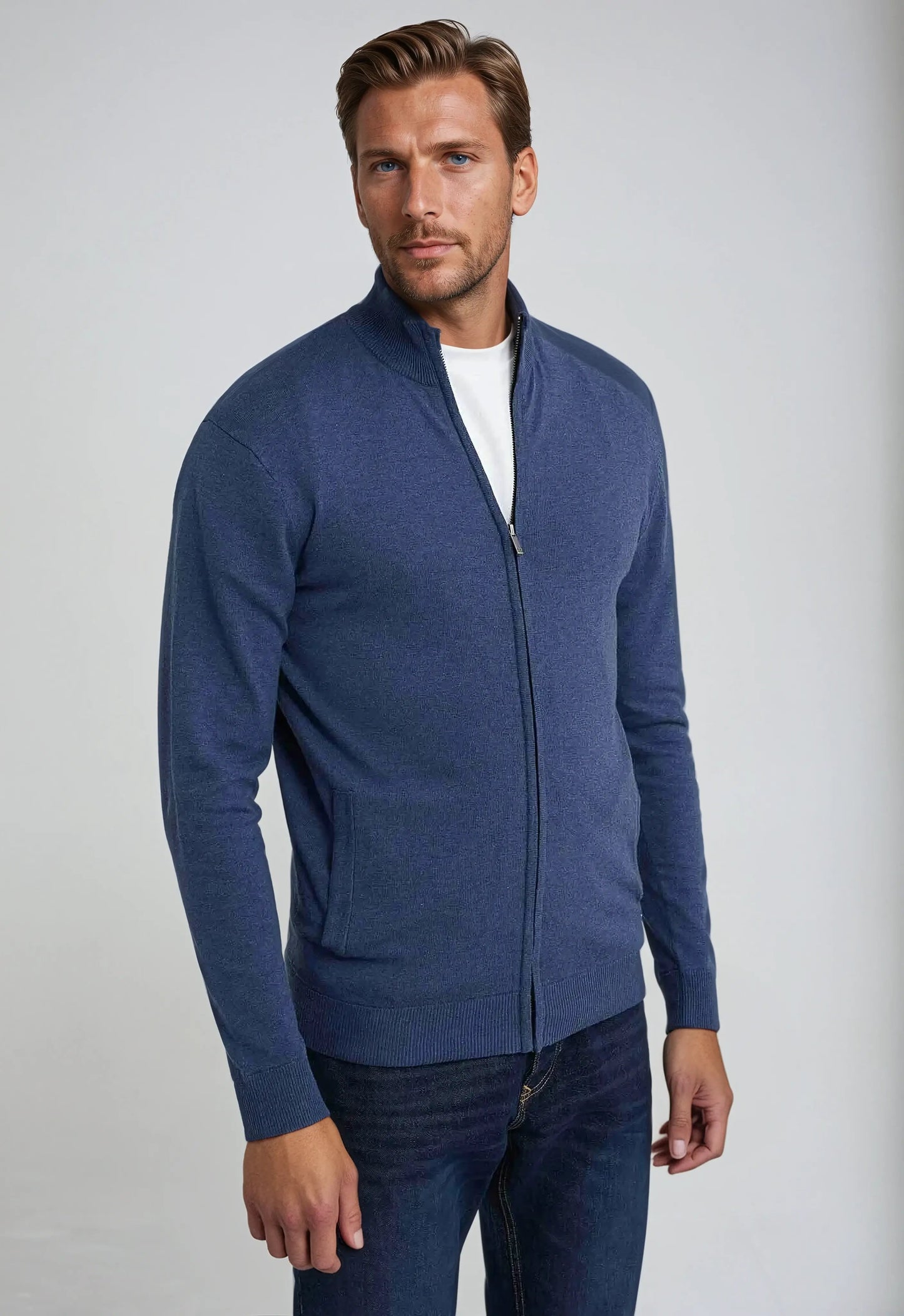 Jacob Men's Full Zip High Neck Sweater Navy Knit Zip Up Cardigan For Layering Everyday Wear