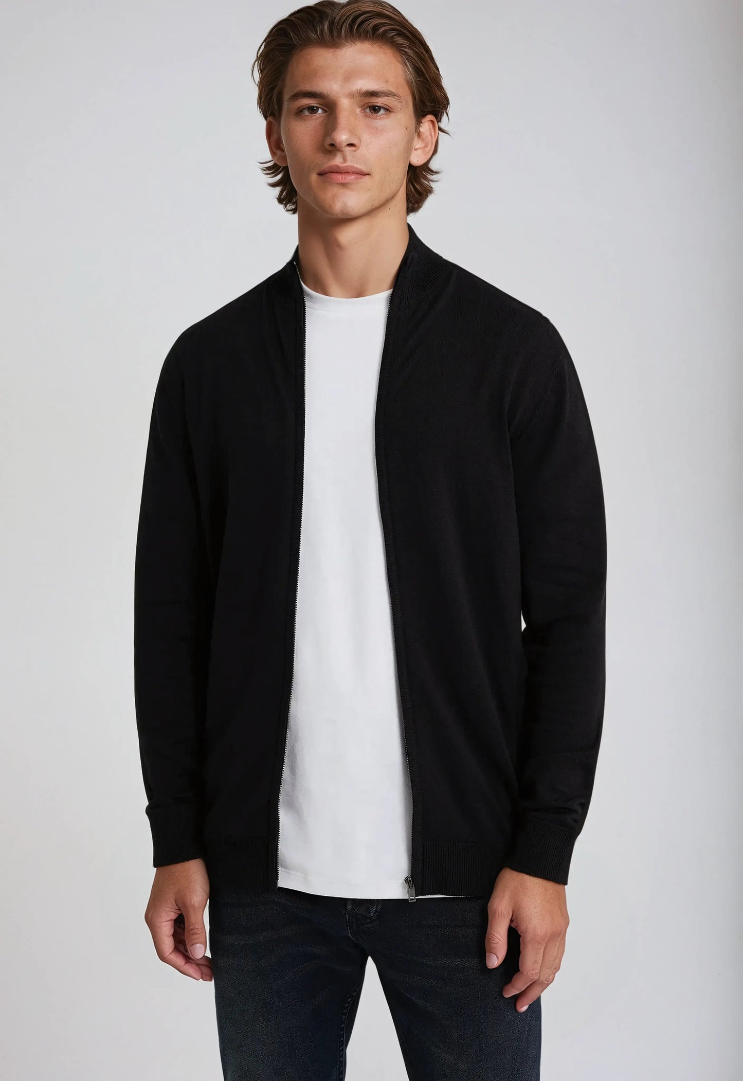 Jacob Men's Full Zip High Neck Sweater Navy Knit Zip Up Cardigan For Layering Everyday Wear