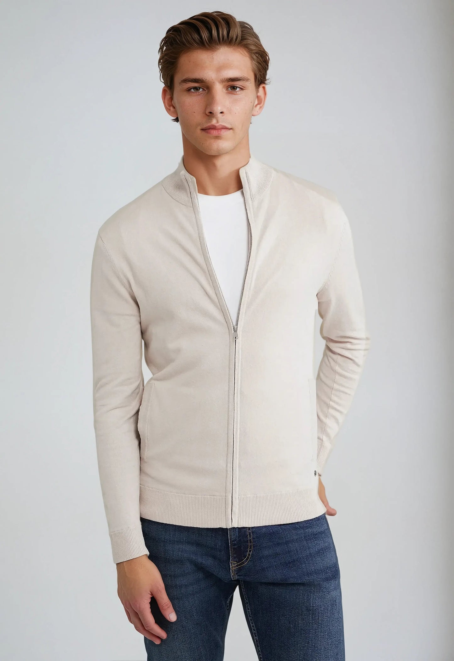 Jacob Men's Full Zip High Neck Sweater Navy Knit Zip Up Cardigan For Layering Everyday Wear