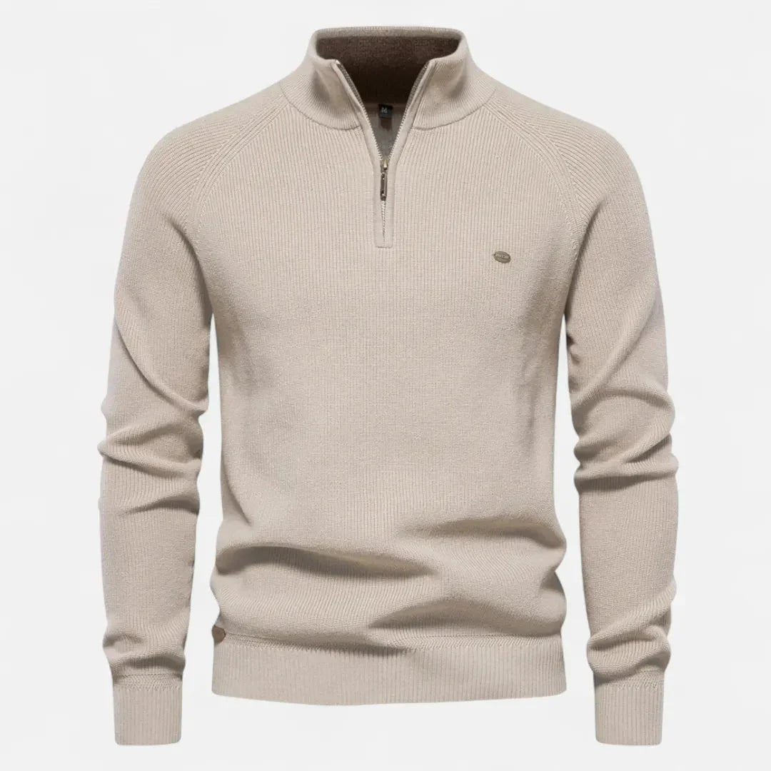 Waylynn Men's Half Zip Cotton Knit Sweater With Stand Collar Ribbed Texture Everyday Essential