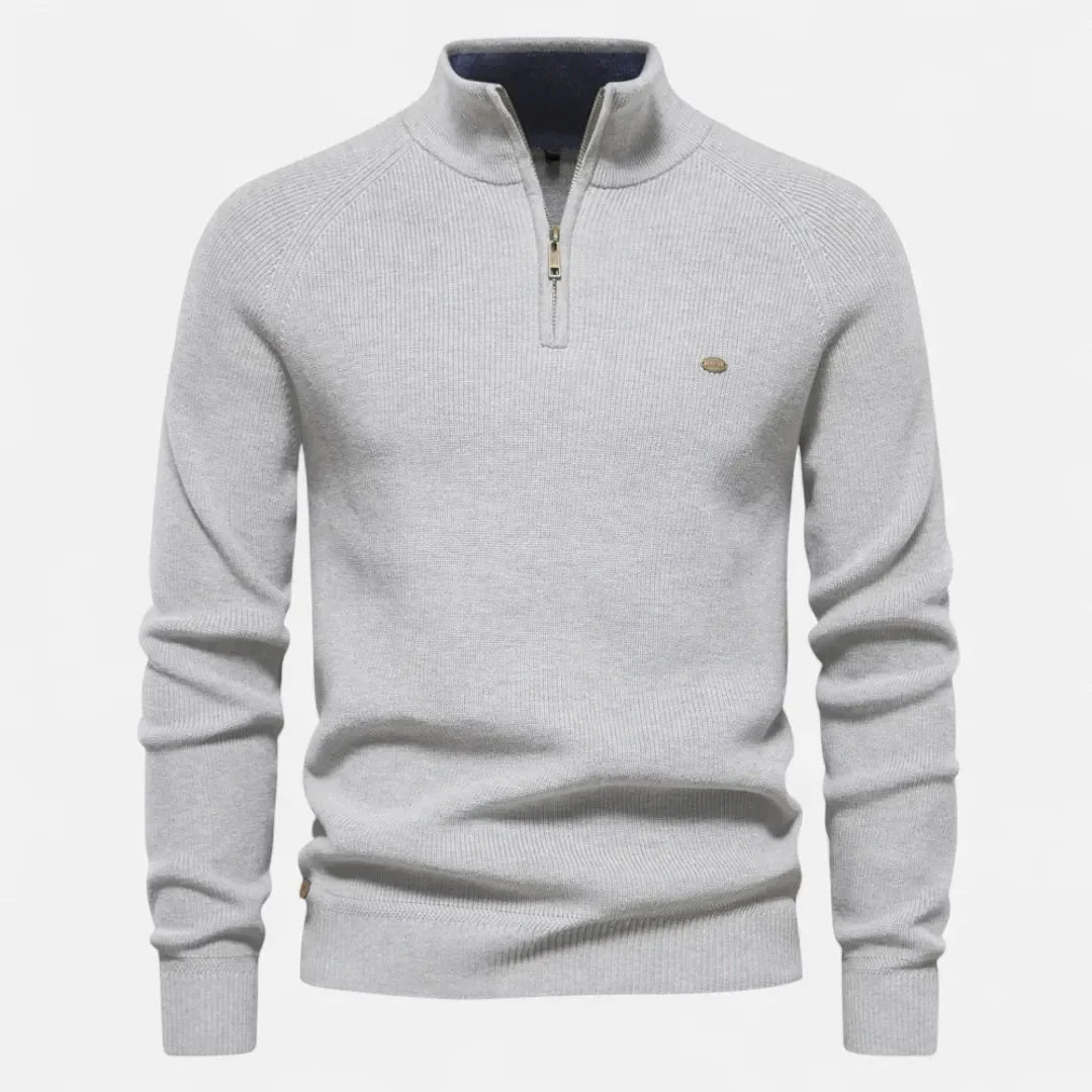 Waylynn Men's Half Zip Cotton Knit Sweater With Stand Collar Ribbed Texture Everyday Essential