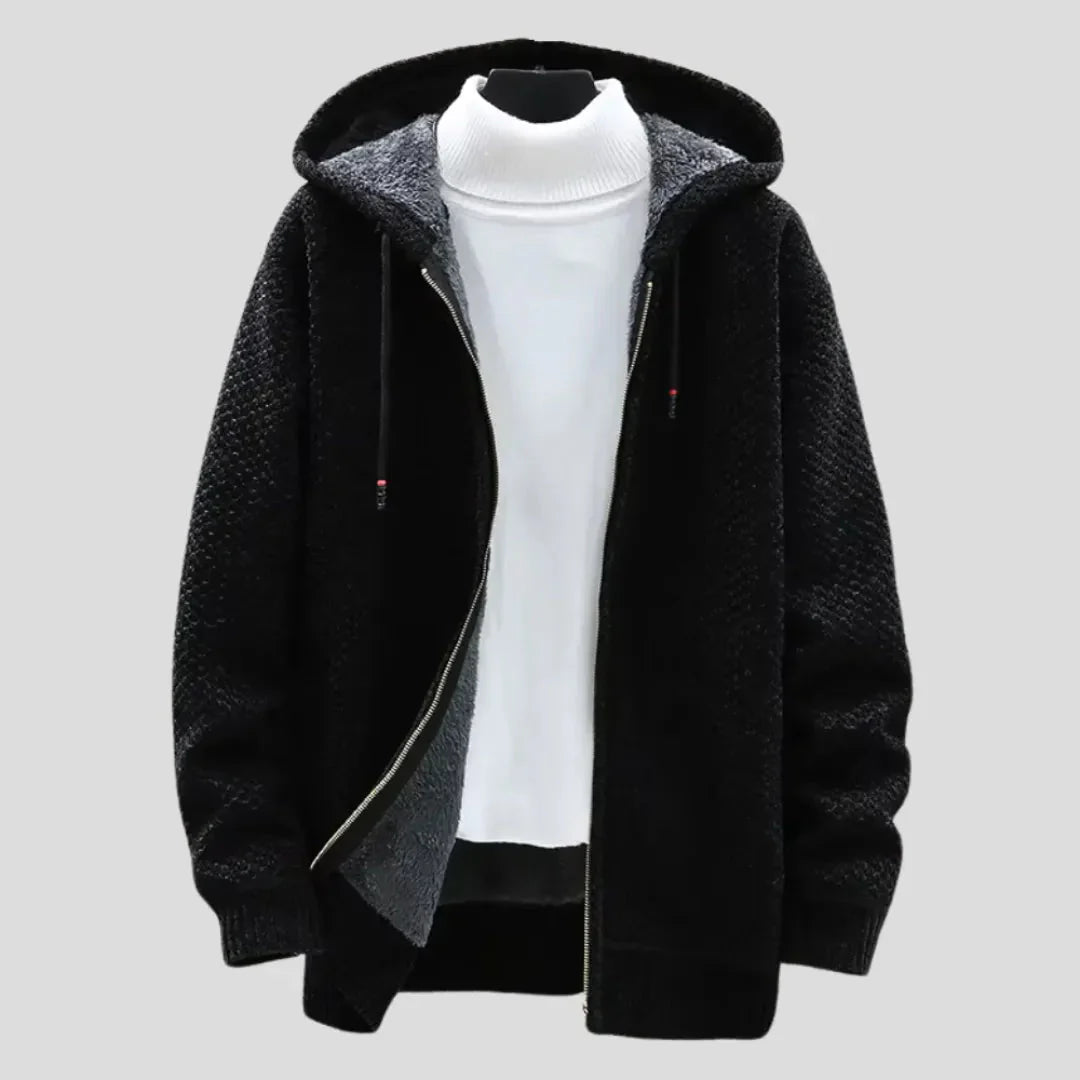 Mens Knit Fleece Zip Hoodie With Plush Lining Textured Knit Exterior Full Zip Closure Relaxed Fit
