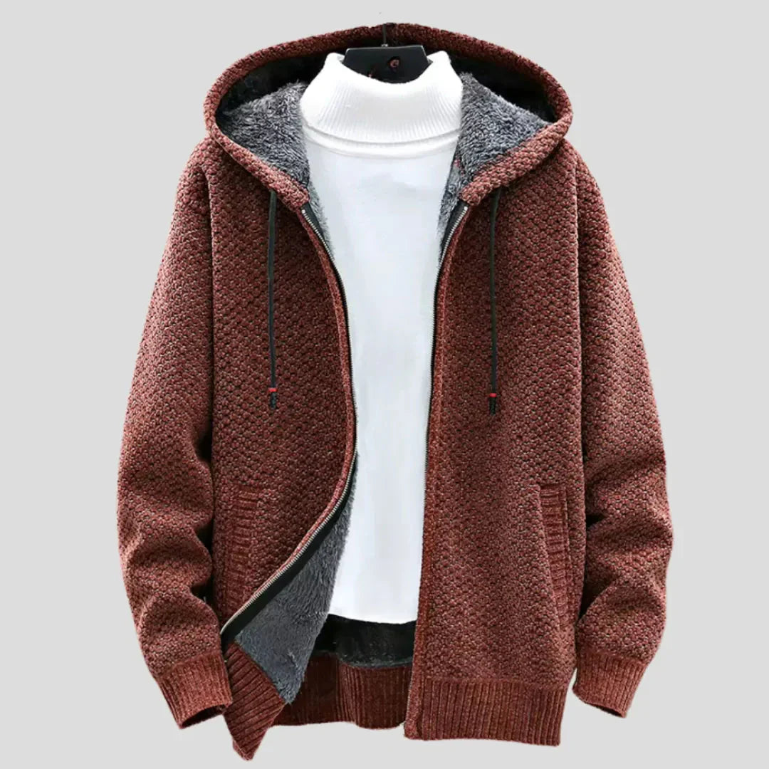 Mens Knit Fleece Zip Hoodie With Plush Lining Textured Knit Exterior Full Zip Closure Relaxed Fit