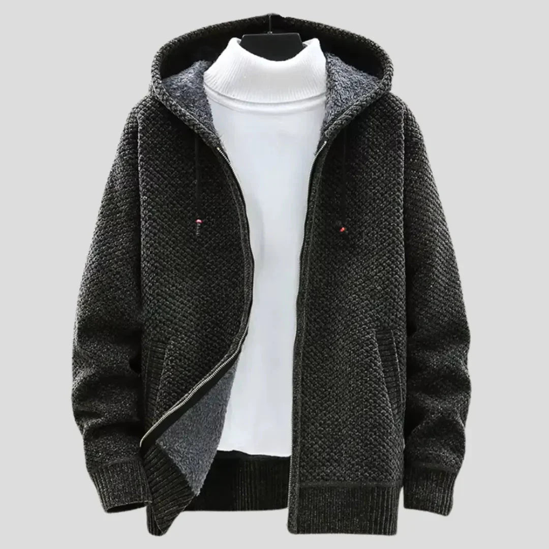 Mens Knit Fleece Zip Hoodie With Plush Lining Textured Knit Exterior Full Zip Closure Relaxed Fit