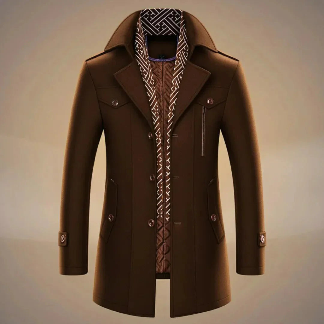 Waylynn Mens Long Wool Overcoat With Detachable Scarf Tailored Warm Winter Coat For Classic Style