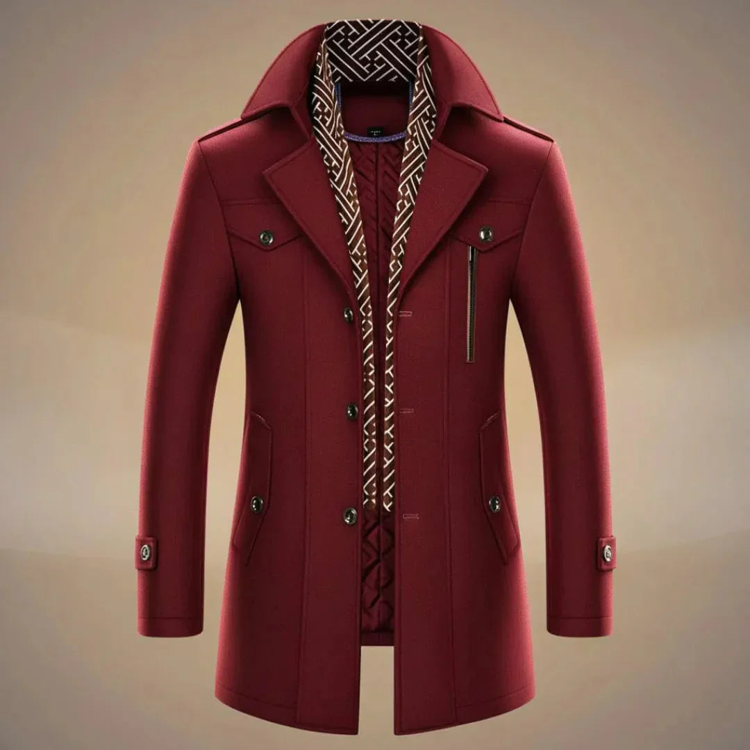 Waylynn Mens Long Wool Overcoat With Detachable Scarf Tailored Warm Winter Coat For Classic Style