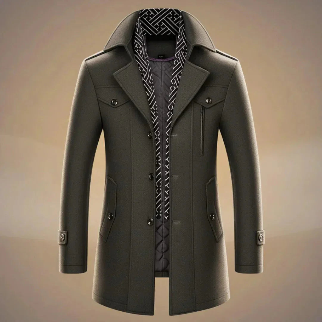 Waylynn Mens Long Wool Overcoat With Detachable Scarf Tailored Warm Winter Coat For Classic Style