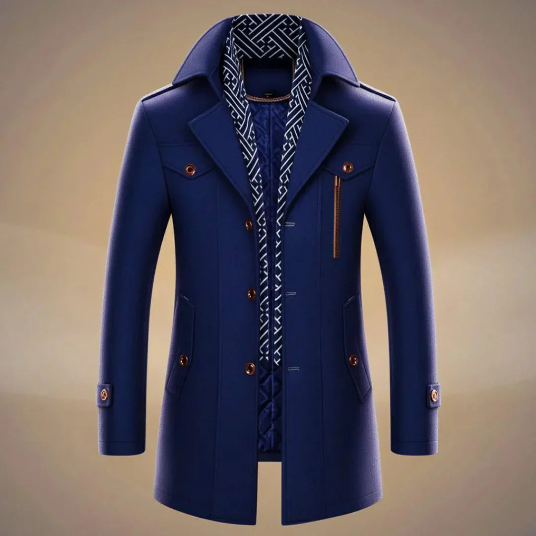 Waylynn Mens Long Wool Overcoat With Detachable Scarf Tailored Warm Winter Coat For Classic Style