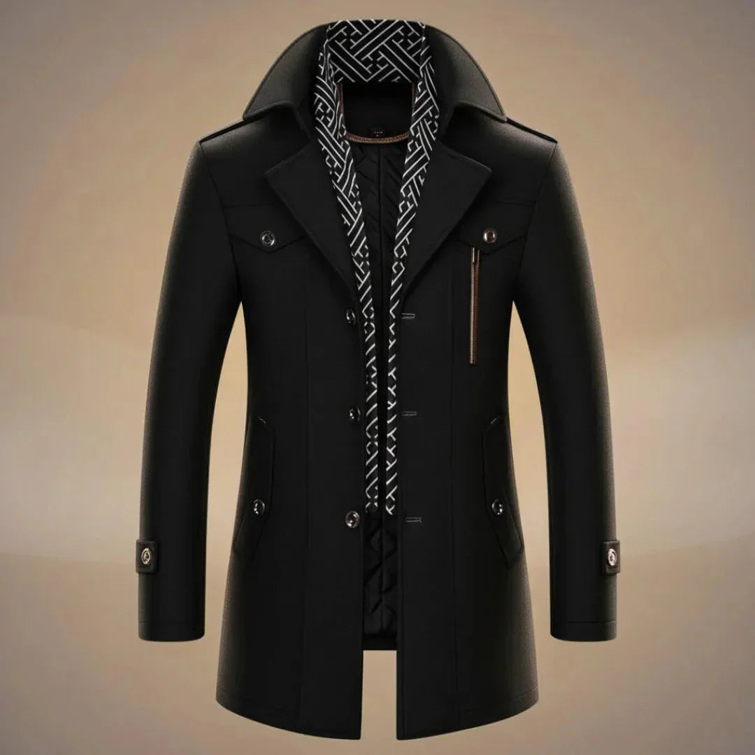 Waylynn Mens Long Wool Overcoat With Detachable Scarf Tailored Warm Winter Coat For Classic Style