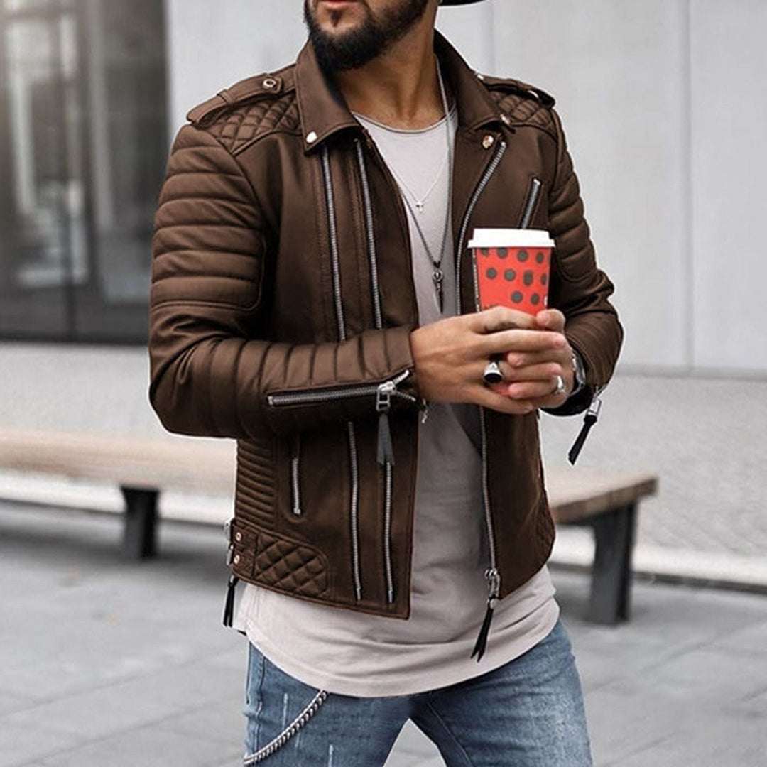 Julian Mens Stylish Zip Up Moto Biker Jacket By TrendAura Modern Leather Look With Quilted Shoulders