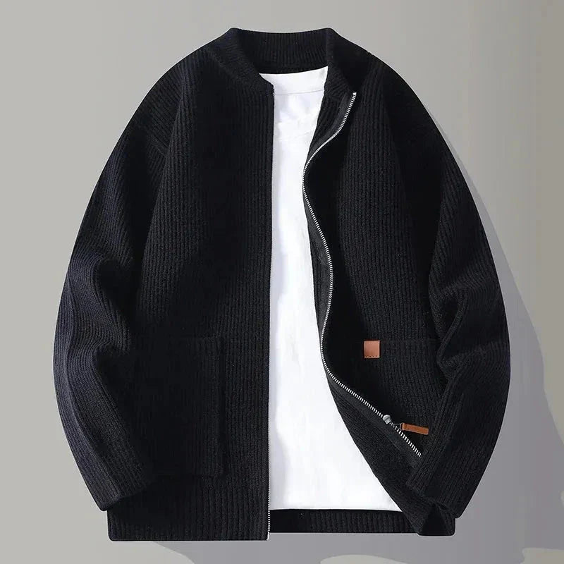 Men's Mock Loose Knit Cardigan With Full Zip Closure, Lightweight Layering Knitwear, Front Pockets By Waylynn