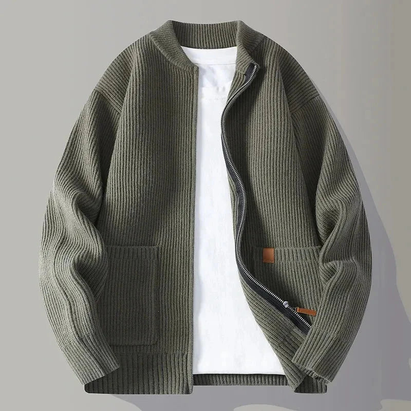 Men's Mock Loose Knit Cardigan With Full Zip Closure, Lightweight Layering Knitwear, Front Pockets By Waylynn