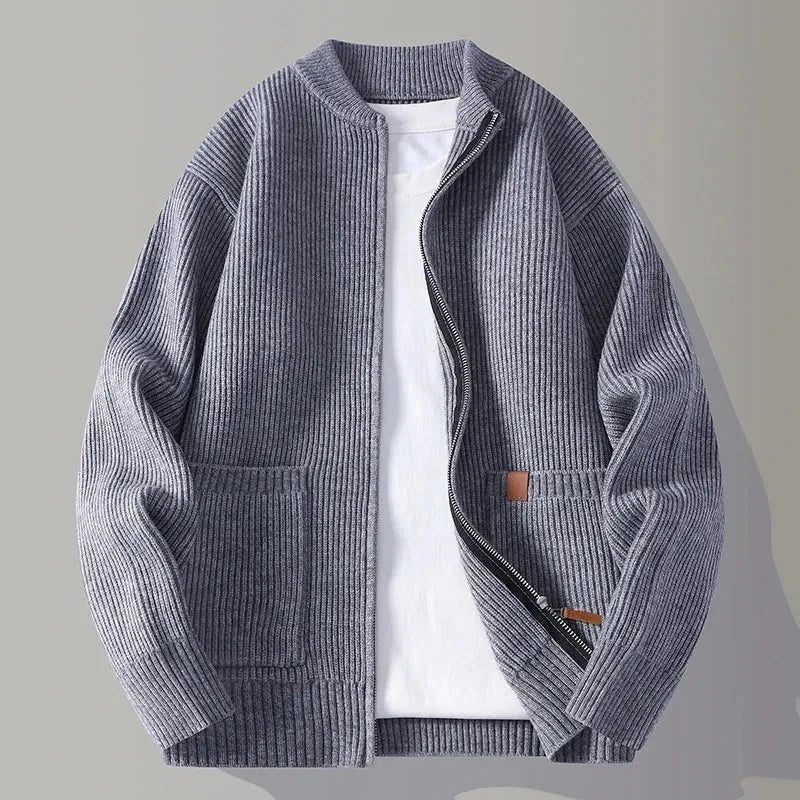 Men's Mock Loose Knit Cardigan With Full Zip Closure, Lightweight Layering Knitwear, Front Pockets By Waylynn