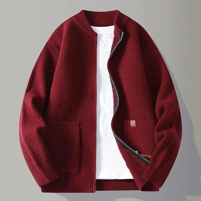 Men's Mock Loose Knit Cardigan With Full Zip Closure, Lightweight Layering Knitwear, Front Pockets By Waylynn