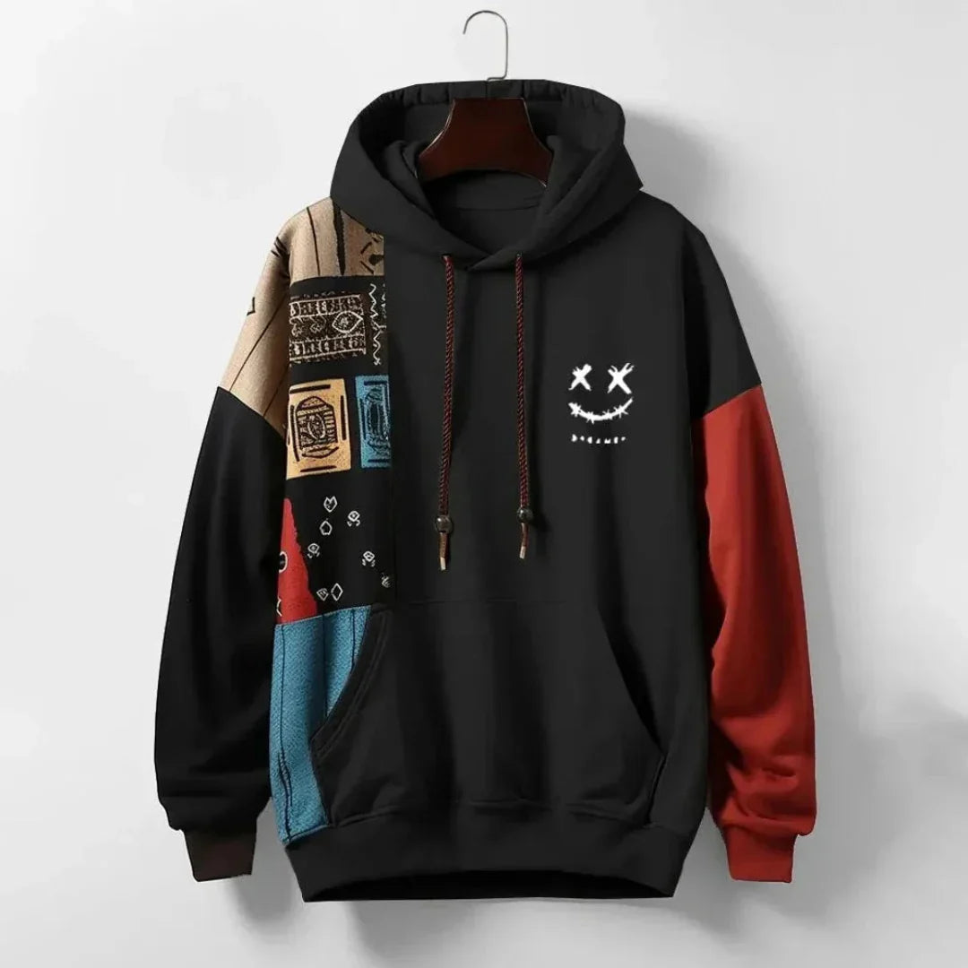 Mens Multi Panel Graphic Hoodie With Color Block Patchwork And Stitched Smile Logo Polyester Blend Streetwear Comfort