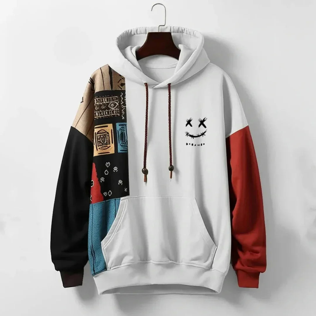 Mens Multi Panel Graphic Hoodie With Color Block Patchwork And Stitched Smile Logo Polyester Blend Streetwear Comfort