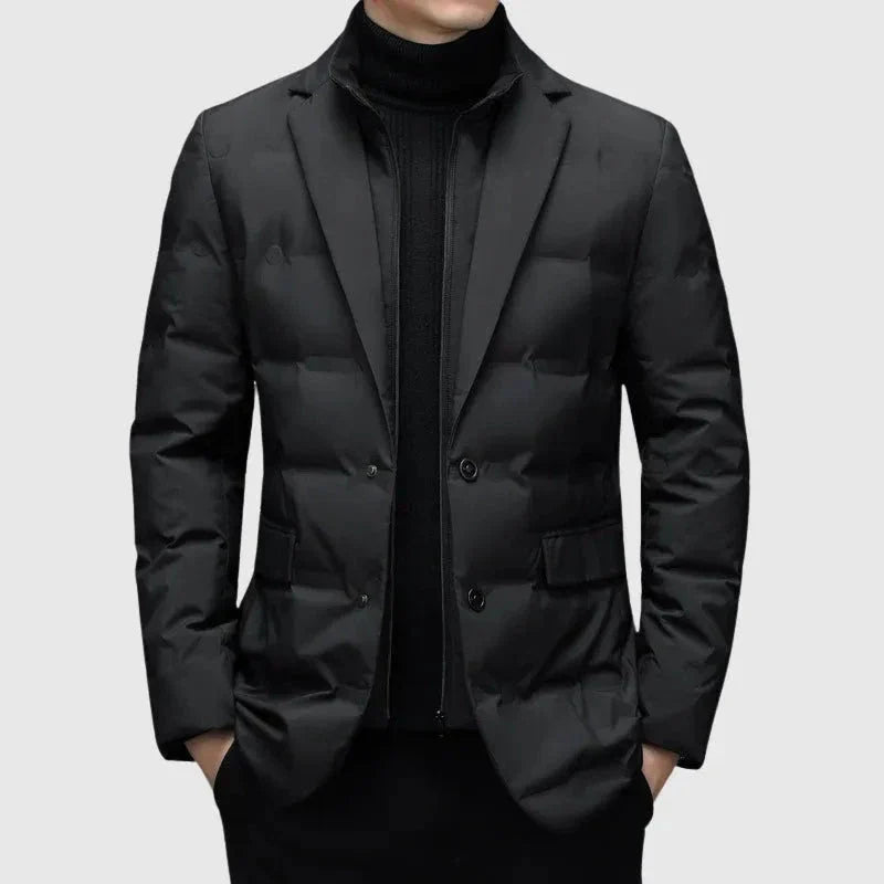 Men's Quilted Down Blazer Jacket With Notched Lapel And Dual Button Closure For Cold Weather Comfort