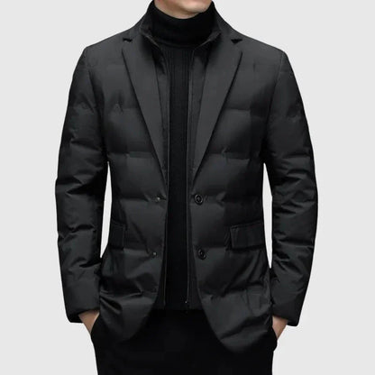 Men's Quilted Down Blazer Jacket With Notched Lapel And Dual Button Closure For Cold Weather Comfort